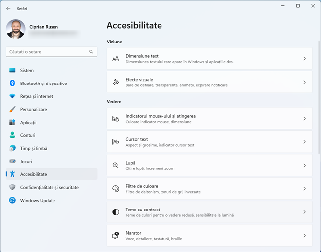 ÃŽn SetÄƒrile din Windows 11, mergi la Accesibilitate