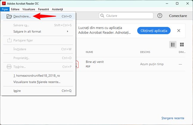 OpÈ›iunea Deschidere din meniul FiÈ™ier al Adobe Acrobat Reader