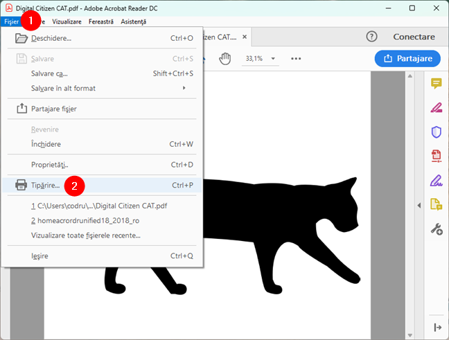 Alege TipÄƒrire Ã®n meniul FiÈ™ier din Adobe Acrobat Reader
