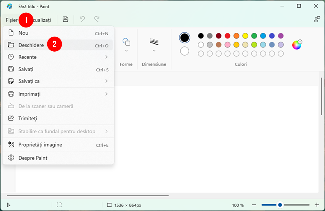 OpÈ›iunea Deschidere din meniul FiÈ™ier al Paint