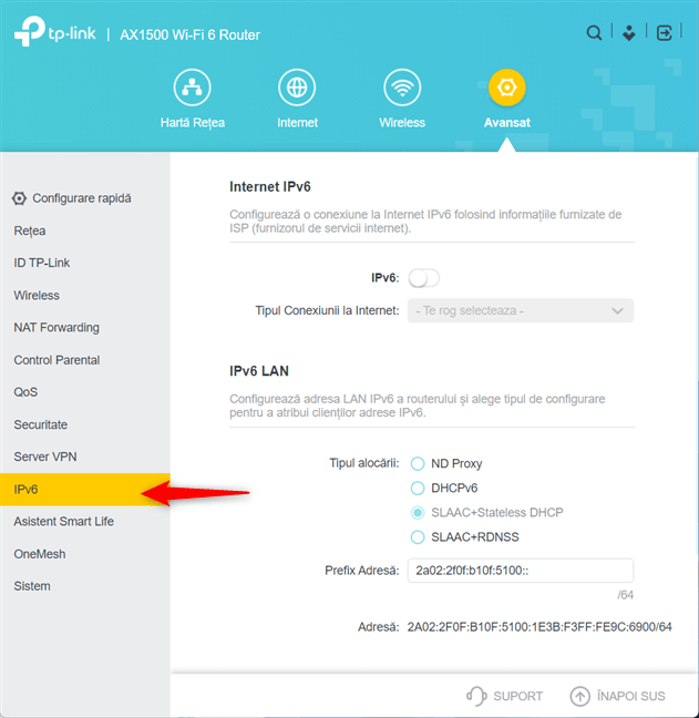 ÃŽn coloana din stÃ¢nga, mergi la IPv6