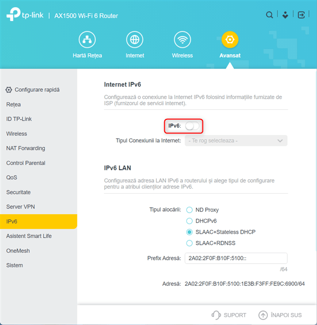 ActiveazÄƒ comutatorul pentru IPv6