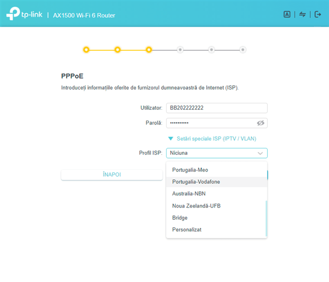 Alege profilul ISP pentru PPPoE