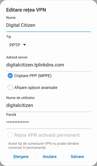 Introdu detaliile conexiunii VPN
