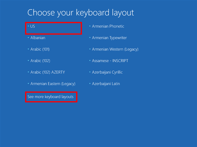 Alege tastatura folositÄƒ de unitatea de recuperare pentru Windows 10
