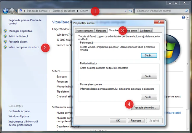Utilizarea Panoului de control pentur a deschide variabilele de mediu în Windows 7
