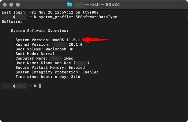 VerificÄ versiunea de macOS în Terminal din System Software Overview