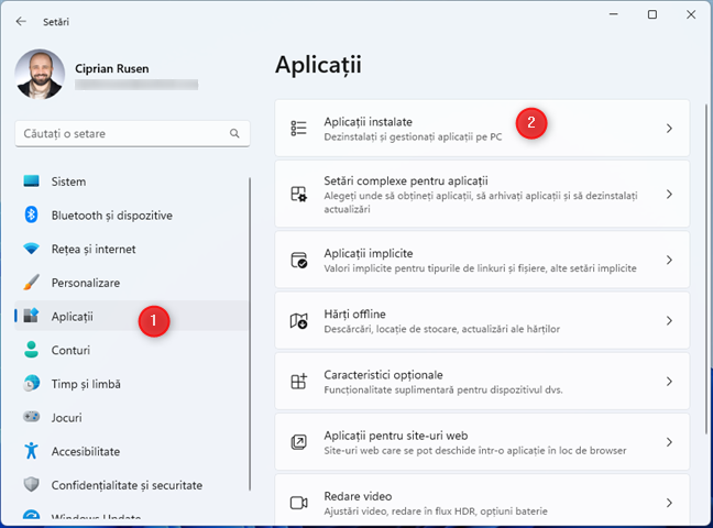 Ãn SetÄrile din Windows 11, acceseazÄ AplicaÈii > AplicaÈii instalate