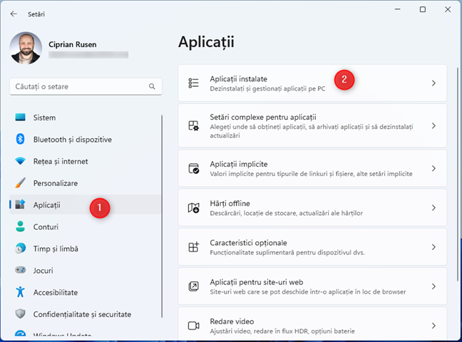 ÃŽn SetÄƒrile din Windows 11, acceseazÄƒ AplicaÈ›ii > AplicaÈ›ii instalate