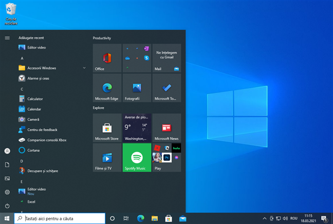 Desktop È™i Meniu Start Ã®n Windows 10