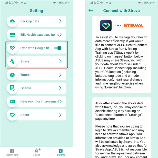 ASUS HealthConnect este compatibil cu Google Fit È™i Strava