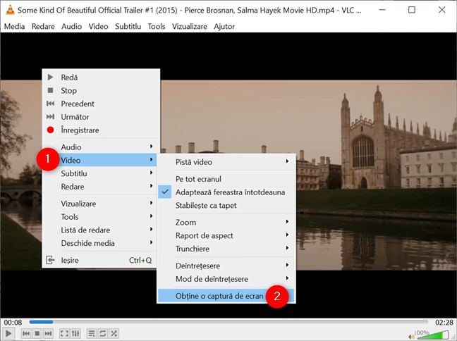 Poți accesa Obține o captură de ecran și din meniul contextual al VLC