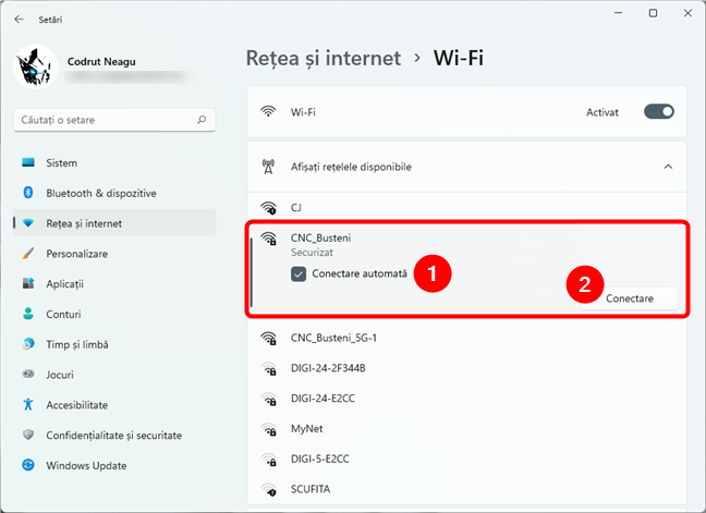 Selectarea rețelei Wi-Fi la care vrei să te conectezi