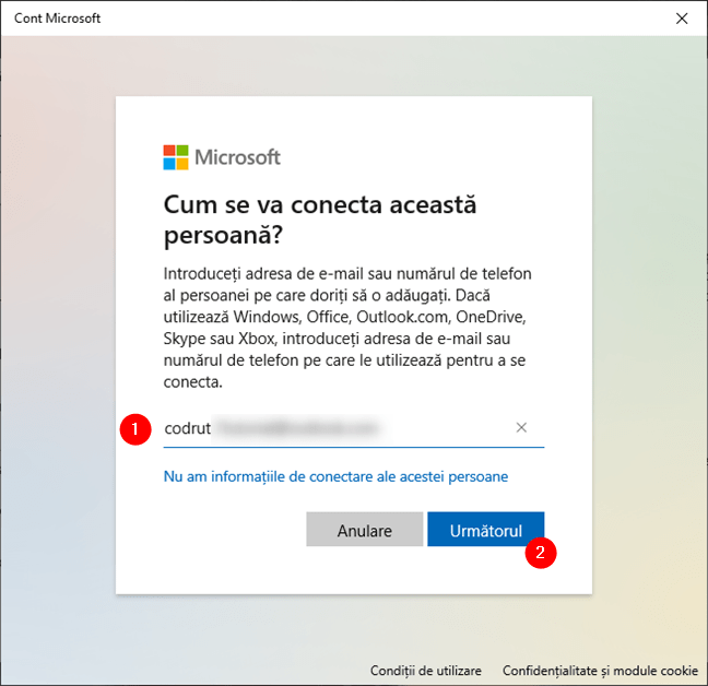 Introducerea detaliilor necesare pentru adÄƒugarea unui cont Microsoft la Windows 10