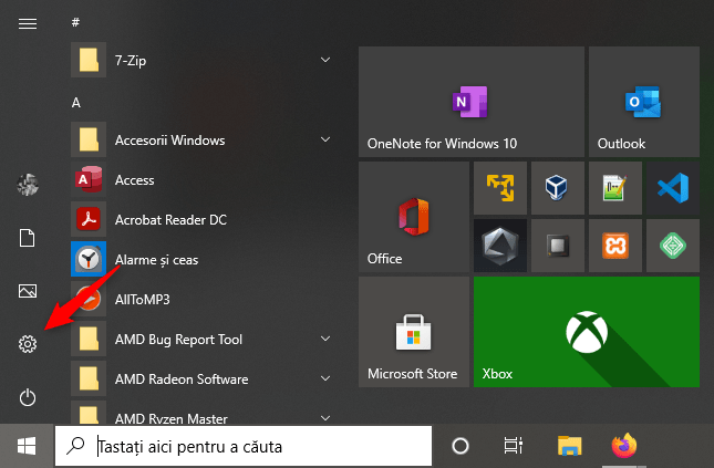 Butonul Setări din Meniul Start al Windows 10