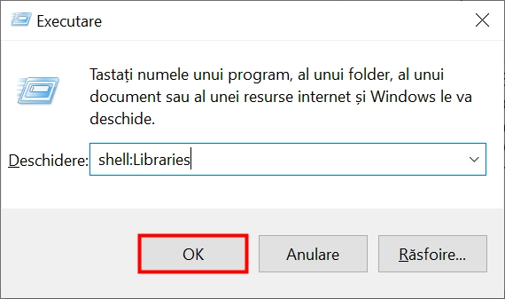 Deschiderea bibliotecilor din Windows 10 din fereastra Executare
