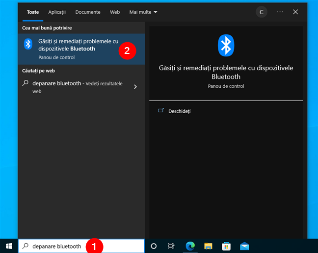 Caută depanare Bluetooth în Windows 10