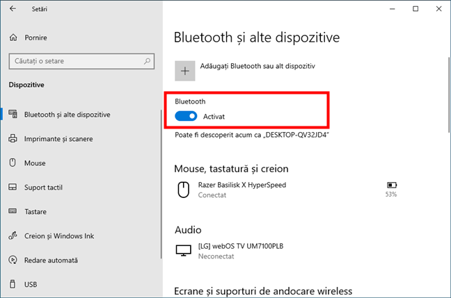 Bluetooth este activat în Windows 10