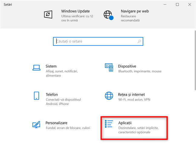 ÃŽn setÄƒrile din Windows 10, mergi la AplicaÈ›ii