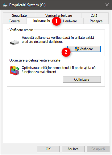 Pornire verificare erori hard disk în Windows 10