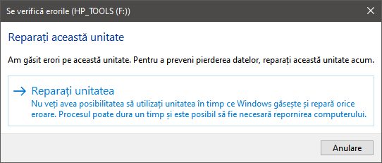 Fereastra Reparați unitatea în Check Disk pentru Windows 10