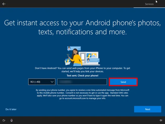 Conectează-ți telefonul la un PC în timpul instalării Windows 10