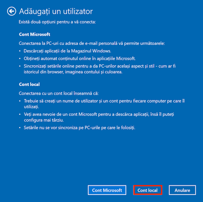 IgnorÄƒ informaÈ›ia falsÄƒ de la Microsoft È™i alege Cont local