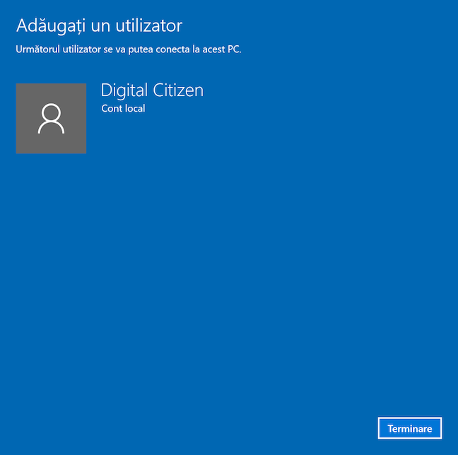 TerminÄƒ procesul de creare a unui utilizator local