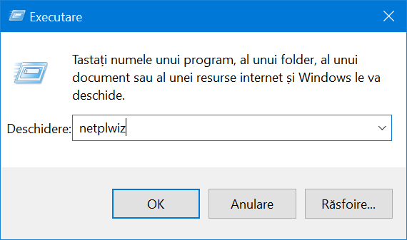 Introdu netplwiz È™i apasÄƒ OK