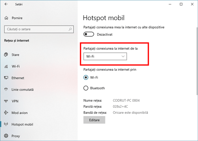 Lista de conexiuni la internet disponibile pentru hotspotul Windows 10