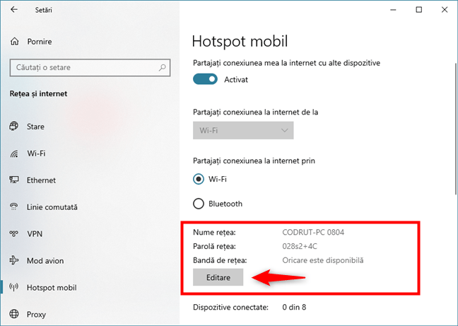 Editarea setÄƒrilor hotspotului Windows 10