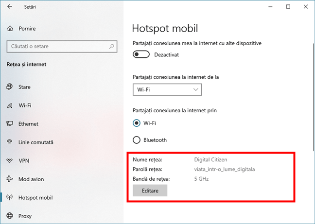 Un hotspot Windows 10 cu setări personalizate