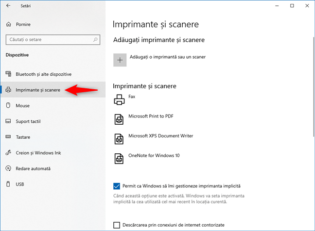 Secțiunea Imprimante și scanere din Setările Windows 10