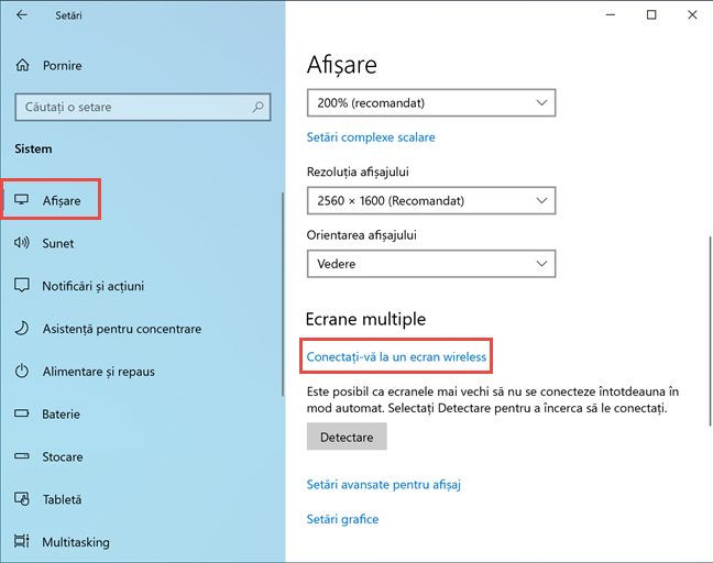 ÃŽn SetÄƒrile din Windows 10, apasÄƒ pe ConectaÈ›i-vÄƒ la un ecran wireless