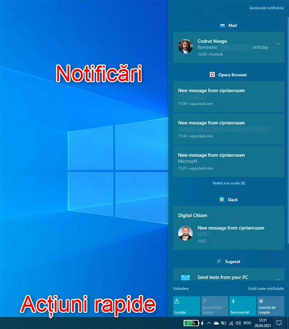 Centrul de acțiuni din Windows 10 are două secțiuni: Notificări și Acțiuni rapide