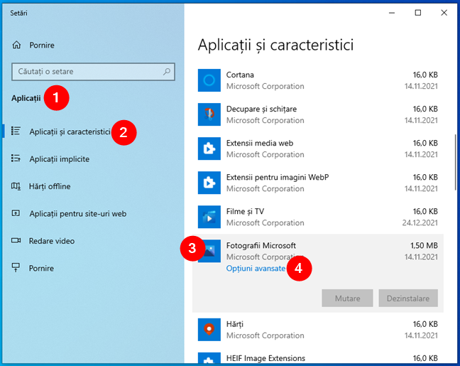 Opțiuni avansate pentru o aplicație, în Setările din Windows 10