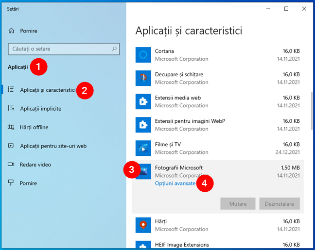 OpÈiuni avansate pentru o aplicaÈie, în SetÄrile din Windows 10