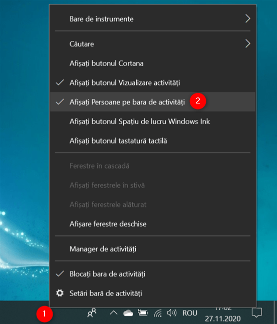 În Windows 10, elimină pictograma Persoane folosind meniul contextual al barei de activități