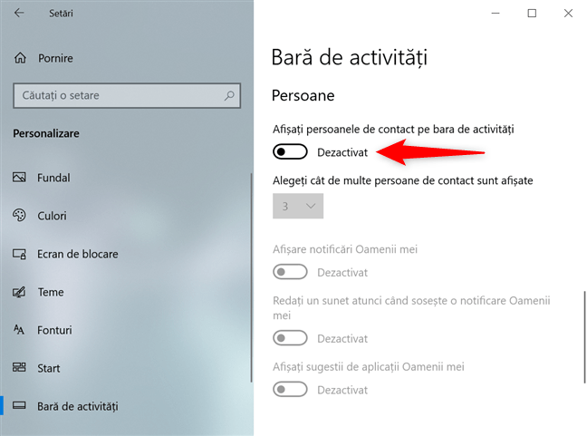 În Windows 10, elimină scurtătura Persoane folosind Setările bară de activități