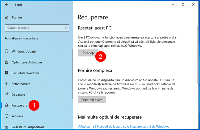 Începe procesul de resetare în Windows 10