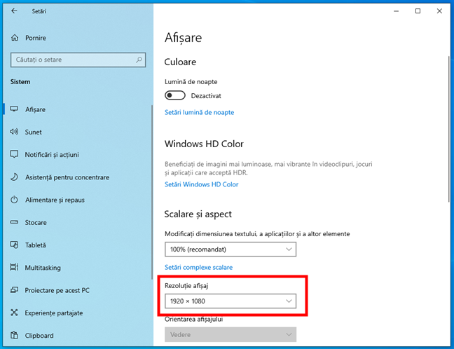 RezoluÈ›ia curentÄƒ a afiÈ™ajului folositÄƒ de Windows 10