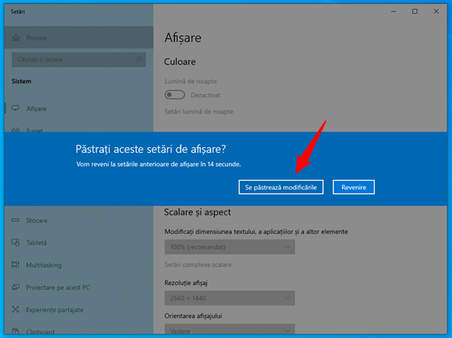 Fereastra PÄƒstraÈ›i aceste setÄƒri de afiÈ™are? din Windows 10