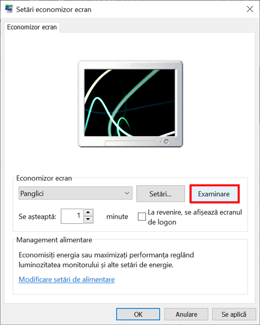 Apasă Examinare pentru a încerca un economizor de ecran în Windows 10