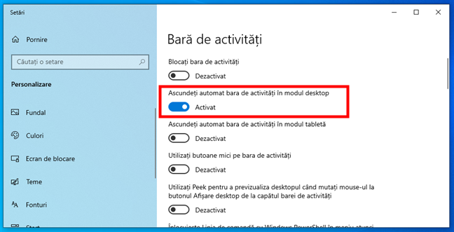 Ascunde bara de activitÄƒÈ›i Ã®n Windows 10
