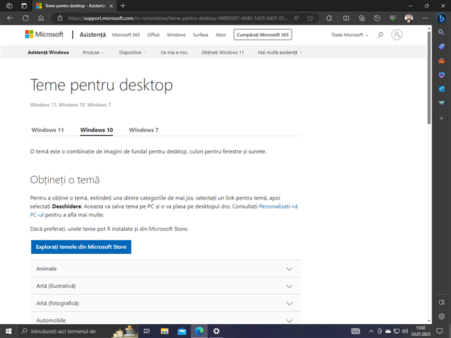 Site-ul Teme pentru desktop creat de Microsoft