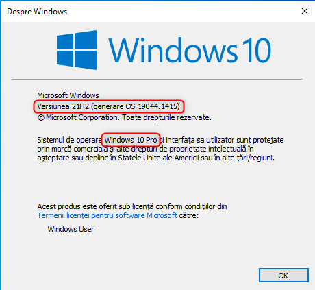 Despre Windows îți spune versiunea de Windows 10 pe care o ai