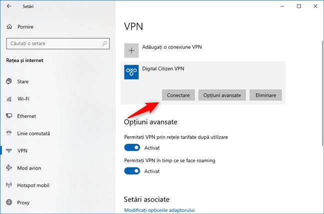 Butonul Conectare la VPN