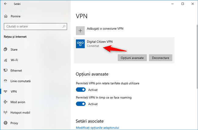 Windows 10 este conectat la VPN