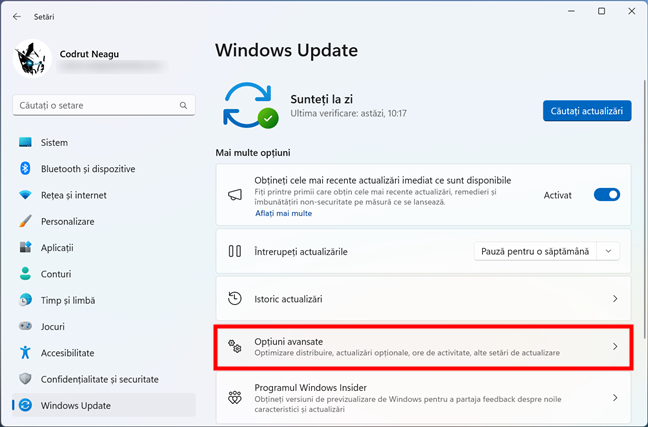 OpÈ›iuni avansate Ã®n Windows Update