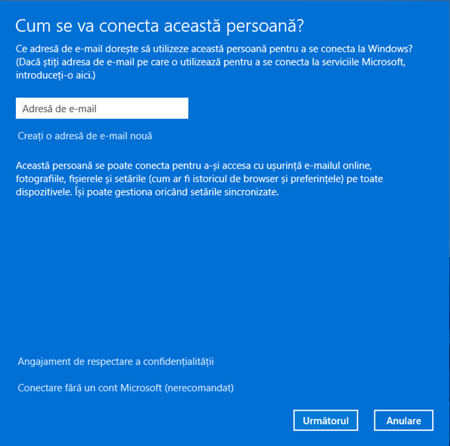 Introdu adresa de email a contului Microsoft